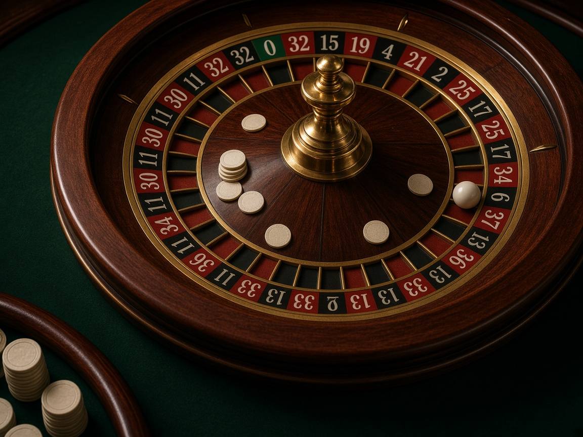 Mahogany roulette wheel on green felt